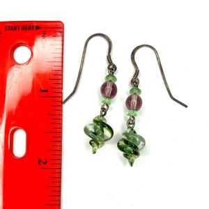 Hand blown glass dangle earrings purple and green